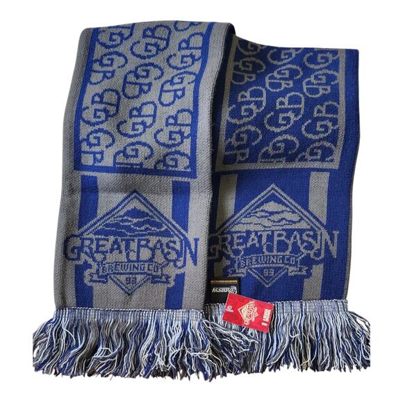 Great Basin Brewery Reversible Blue Gray Fringe Logo Winter Snow Scarf NWT - Picture 2 of 3